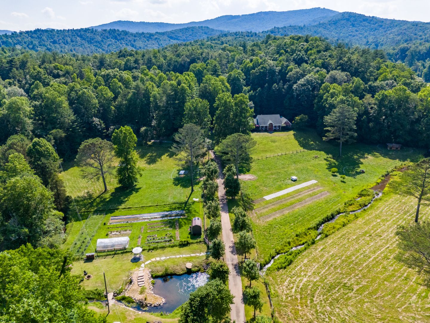 Scenic view of Bereishis The Farm in Ellijay, GA. Featuring a peaceful organic farm with a veggie field, sauna, hot tub, and a creek perfect for swimming. Enjoy farm stays, tours, and photoshoot opportunities at this serene location.